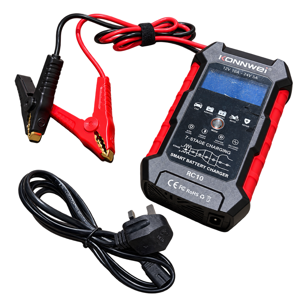 12V / 24V Smart Battery Charger – 10A with Digital Display & Repair Mode